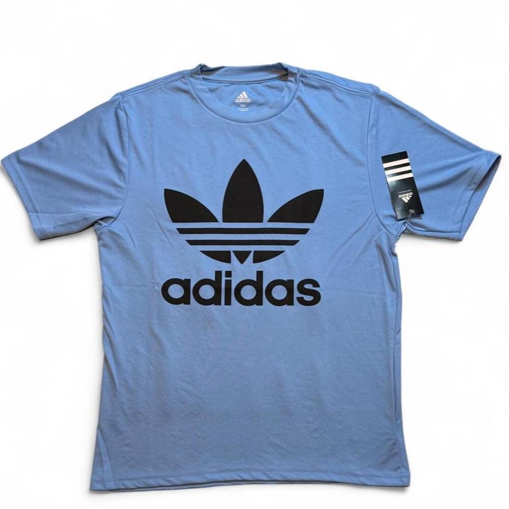 Adidas Originals blue polyester & cotton t-shirt with black logo size small bran